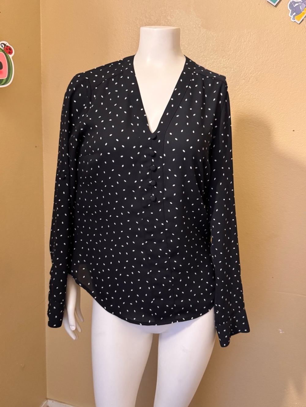 Black Polka Dot V-Neck Long Sleeve Blouse